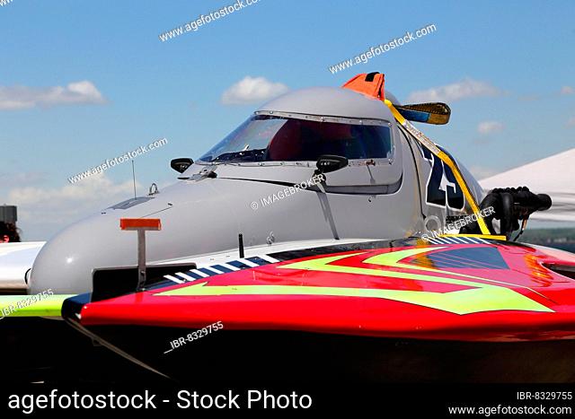 Race boat at pit stop, hydroplane racing event, Province of Quebec, Canada, North America