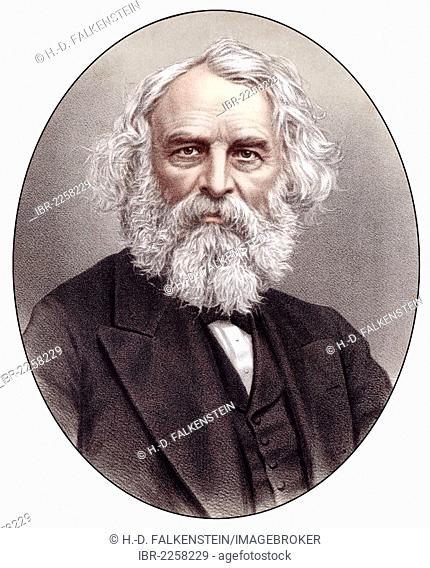 Historic chromolithography from the 19th century, portrait of Henry Wadsworth Longfellow, 1807 - 1882, an American writer, poet, translator and playwright