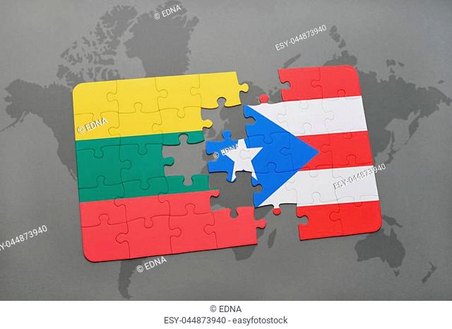 puzzle with the national flag of lithuania and puerto rico on a world map background. 3D illustration