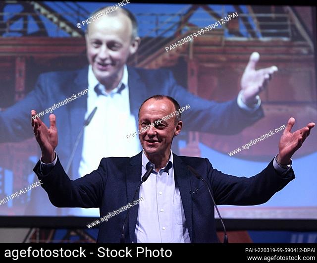19 March 2022, North Rhine-Westphalia, Essen: Friedrich Merz, CDU party chairman, speaks at the Junge Union's campaign kick-off for the 2022 state election in...
