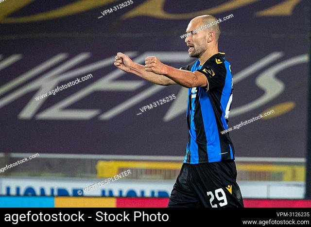 Club's Bas Dost celebrates after scoring during a soccer game between JPL club Club Brugge KV and D1B club KMSK Deinze, Wednesday 27 October 2021 in Brugge