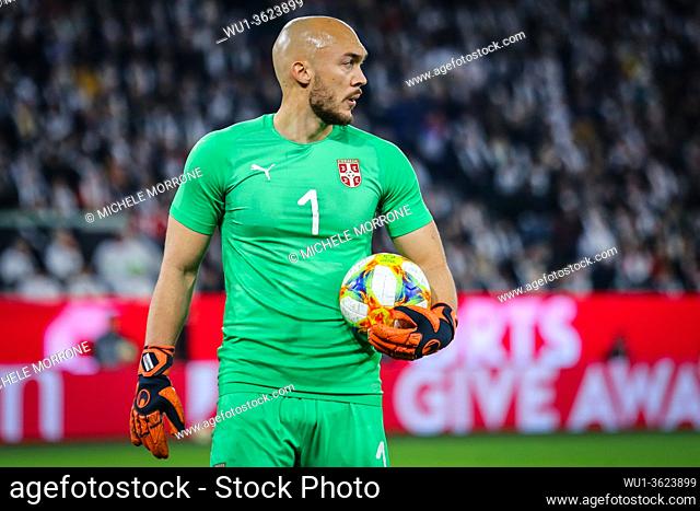 Wolfsburg, Germany, March 20, 2019: portrait of Serbian goalkeeper Marko Dmitrovic during the international friendly game between Germany and Serbia at...