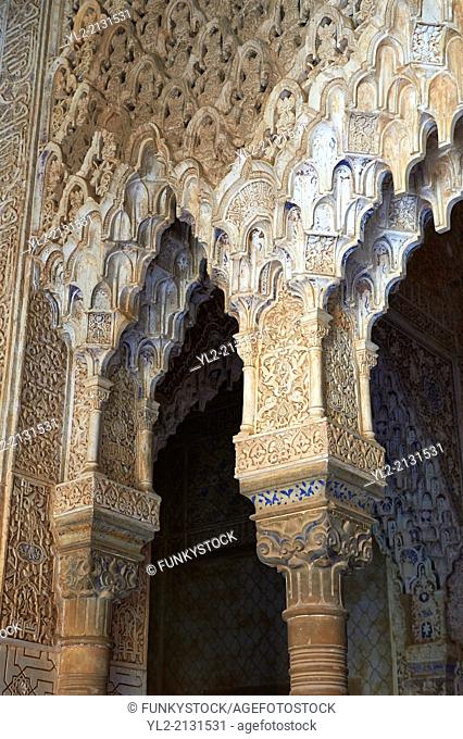 Arabesque Moorish stalactite or morcabe ceilings, Palacios Nazaries of the Alhambra. Granada, Andalusia, Spain