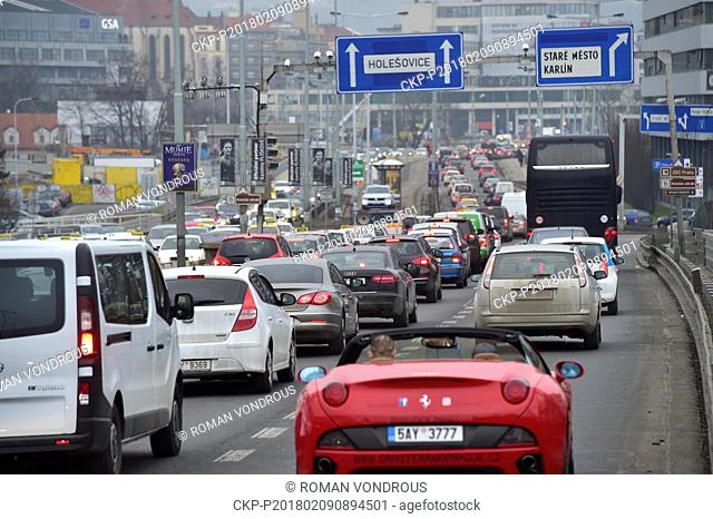 Taxi drivers circle about the Prague city centre, Czech Republic, on Thursday, February 8, 2018. Association of Czech Taxi Drivers organises second protest...