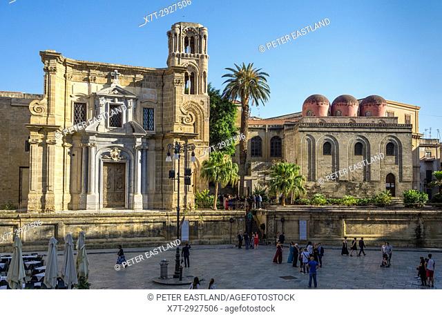 Santa Maria dell' Ammiraglio, La Martorana, (left) and San Cataldo church with its pink domes in the Piazza Bellini, Central Palermo. Sicily