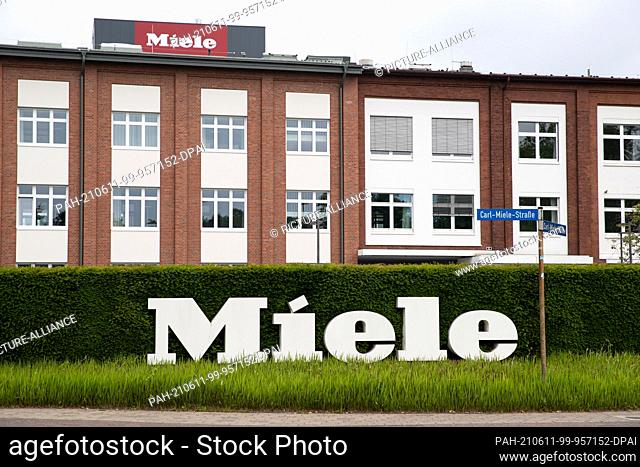 PRODUCTION - 07 June 2021, North Rhine-Westphalia, Gütersloh: A company logo can be seen on the premises of Miele & Cie. KG