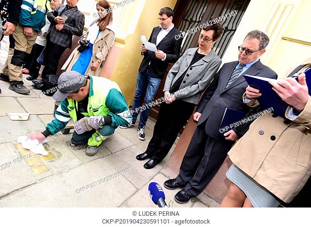 Laying of Stolpersteine or stumbling blocks in memory of Holocaust victims, with Israeli Ambassador Daniel Meron (right) and his wife Jill Meron (2nd from...