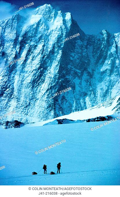 Climbers under Vinson Massif. Ellsworth Mountains. Antarctica