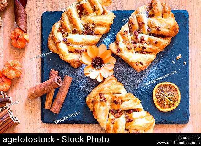 marple and pecan plait pastry sweet food breakfast with cinnamon and flower