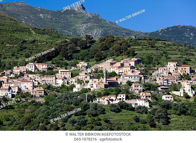 France, Corsica, Haute-Corse Department, La Balagne Region, Occhiatana, elevated town view