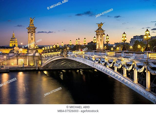 Alexandre III bridge at night in Paris, France