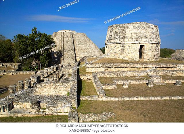 Templo Redondo (Round Temple), Castillo de Kukulcan (background), Mayapan Mayan Archaeological Site, Yucatan, Mexico