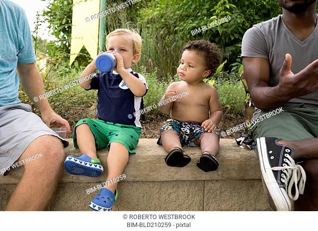 Fathers and toddler sons sitting together in park