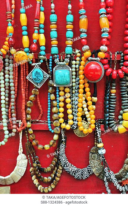Traditional Tibetan accessories for sale on the street. Mcleod ganj, Dharamshala, Himachal Pradesh, India