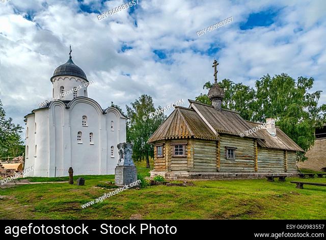 St. George Church and wooden chapel in Staraya Ladoga fortress, Russia