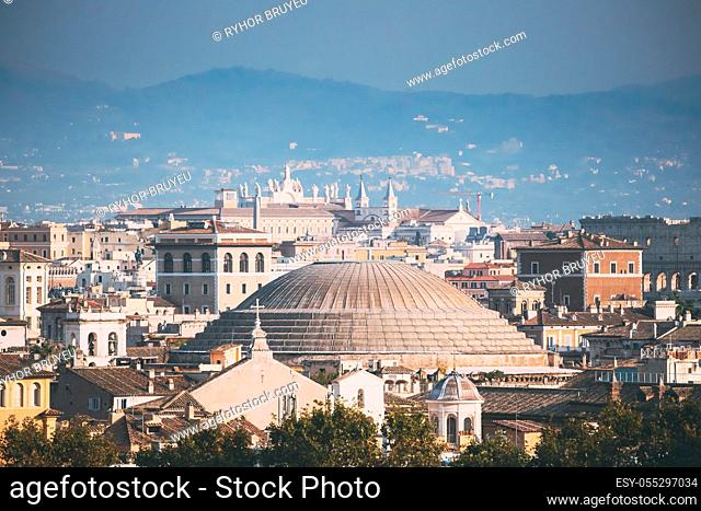 Rome, Italy. Sloping Roof Of Pantheon And Cityscape Of Town