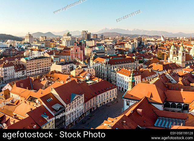 Panoramic view of Ljubljana, capital of Slovenia, at sunset. Empty streets of Slovenian capital during corona virus pandemic social distancing measures in 2020