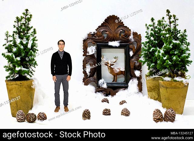 Man, toy figure, deer, picture frame, pine cones, cotton wool, snow, flower pots, Christmas, tree, white, standing, cut-out figure