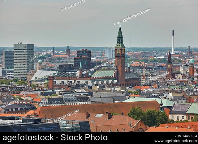 COPENHAGEN, DENMARK - JUNE 28, 2017: Skyline of scandinavian city of Copenhagen in Denmark during a cloudy day
