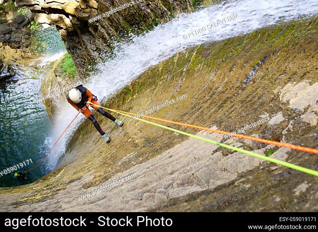 Canyoneering Furco Canyon in Pyrenees, Broto village, Huesca Province in Spain