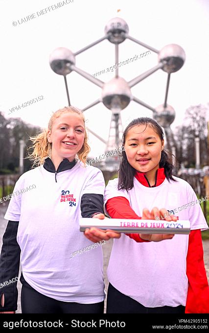Belgian young para athlete Selma Van Kerm and Belgian young para athlete Chloe Van Elsande poses for the photographer at the virtual relay around the world with...