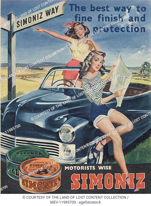 picture post 22-4-50 - car care products, simoniz ad, colour illus of product, open top car & 2 females with car.