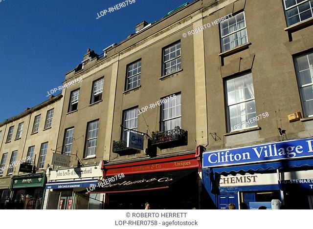 England, Gloucestershire, Bristol, Shop fronts and buildings at Clifton Village in Bristol