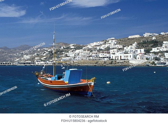 Mykonos, Greece, Greek Islands, Cyclades, Greece, Europe, Fishing boat buoyed in Mykonos Harbor on the Aegean Sea