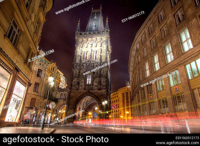 Prague, Czech Republic - March 17, 2017: Evening view of the Powder Tower in the historic city centre