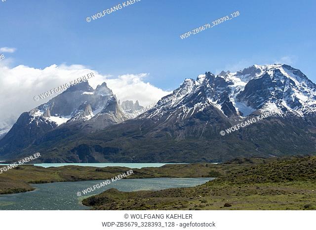 View of Cuernos del Paine Mountains in Torres del Paine National Park in southern Chile