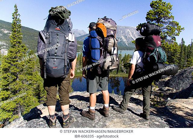 Hikers enjoying a scenic view, mountain landscape, Chilkoot Trail, British Columbia, Canada