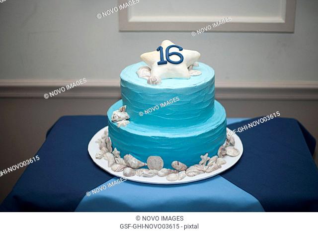 Sweet 16 Double-Tiered Birthday Cake with Light Blue Frosting