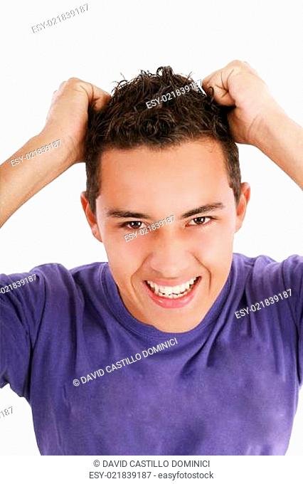 Frustrated man, isolated on white, young teenager pulling at her