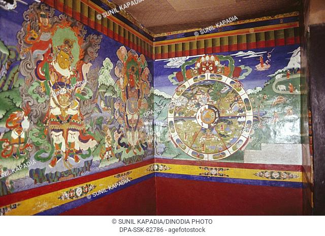 wall painting of spituk gompa 900 year old the head gompa of leh , ladakh , Jammu and Kashmir , india