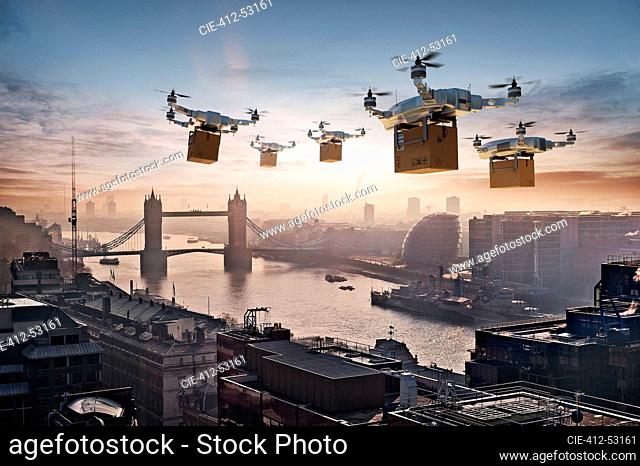 Futuristic drones delivering packages in London, UK