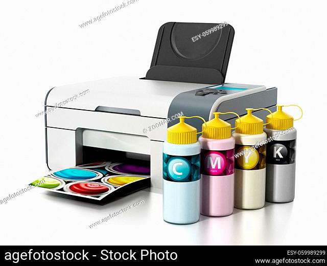 CMYK ink filling bottles and inkjet printer isolated on white background. 3D illustration