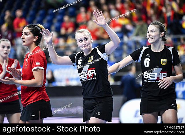 Germany's Anna Goepfert celebrates after the bronze medal match between Germany and England, Saturday 30 October 2021 in Antwerp