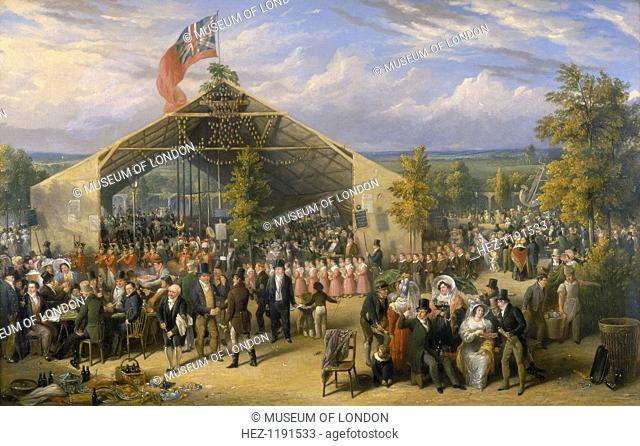 'The Annual Fête of Licensed Victuallers' School', 1831. A crowd of people enjoy relaxing and eating and drinking, in the foreground a man opens a bottle with a...