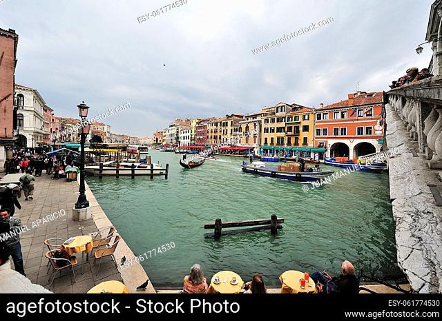 Grand Canal photographed from a corner from the Rialto Bridge on a cloudy day, Venice, Italy