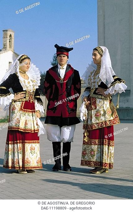 Man and woman wearing Quartucciu traditional costumes, Sardinia, Italy