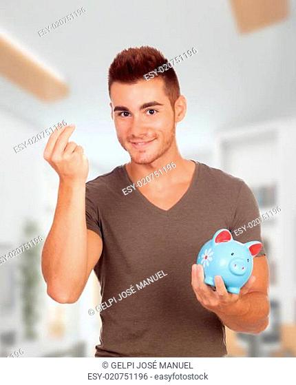 Young men with a blue moneybox