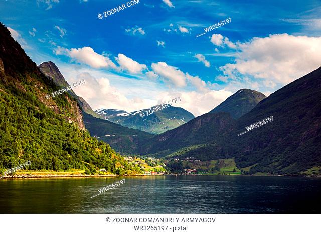 Geiranger fjord, Beautiful Nature Norway. It is a 15-kilometre (9.3 mi) long branch off of the Sunnylvsfjorden, which is a branch off of the Storfjorden (Great...
