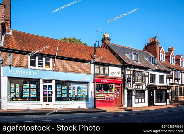 EAST GRINSTEAD, WEST SUSSEX, UK - MARCH 1: View of shops in the High Street in East Grinstead on March 1, 2021
