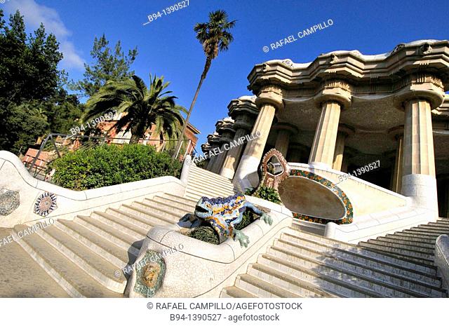 Park Güell, garden complex with architectural elements situated on the hill of El Carmel, designed by the Catalan architect Antoni Gaudí and built in the years...