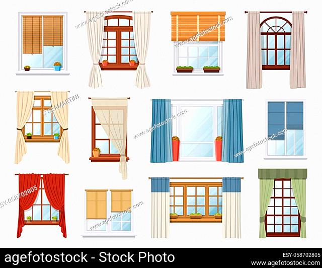 Windows with curtains and jalousie, vector interior design elements. White pvc and wooden brown sills, plastic windows frames with fabric drapery and roller...