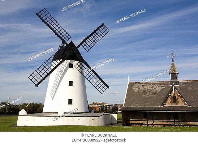 England, Lancashire, Lytham, A restored windmill on the seafront beside the Fylde estuary