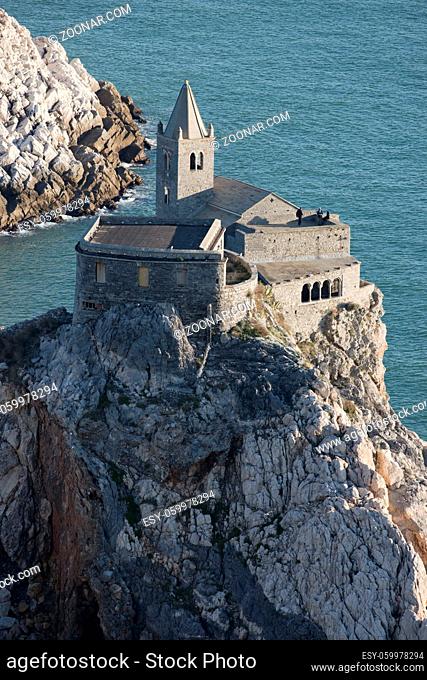 The historical church of San Pietro situated on the promontory of Portovenere, facing Palmaria Island. This typical fishing village is Unesco world heritage...