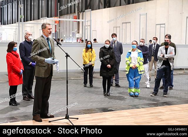 King Felipe VI of Spain visit the field hospital for sick COVID-19 at IFEMA on March 26, 2020 in Madrid, Spain