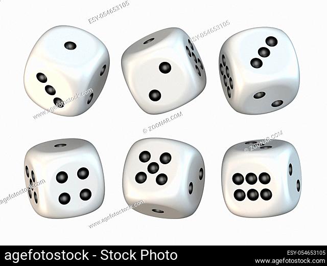 Six white game dices randomly rotated 3D render illustration isolated on white background