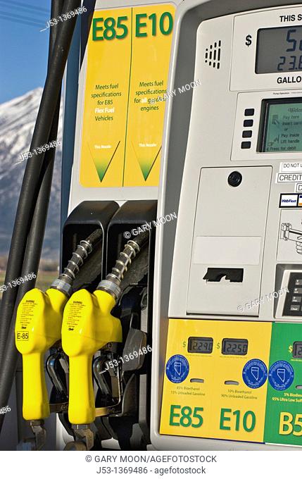 Ethanol fuel pumps, E85, E10, at retail fuel station, Minden Nevada